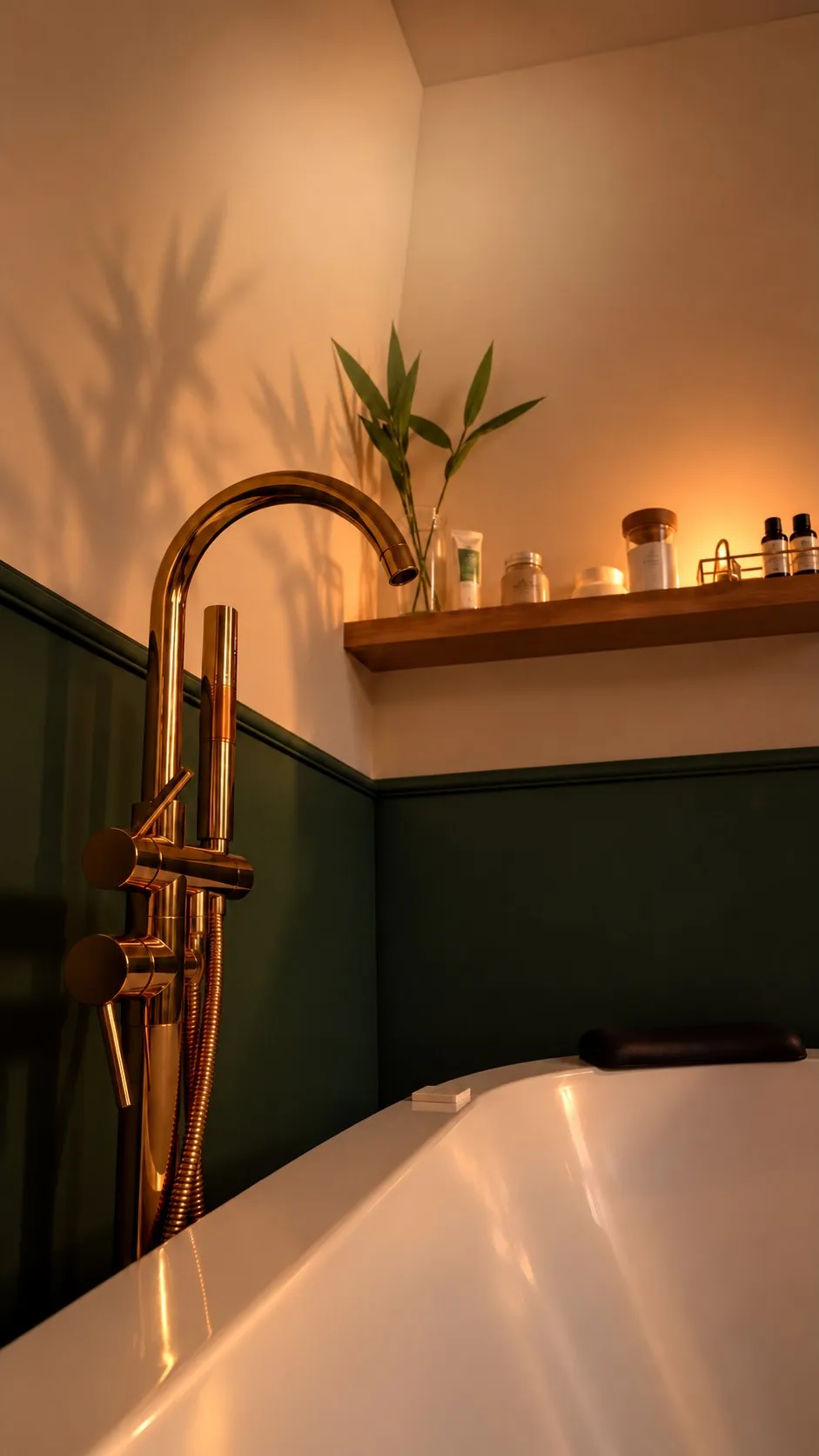 Banheira com torneira dourada e prateleira de óleos à luz quente