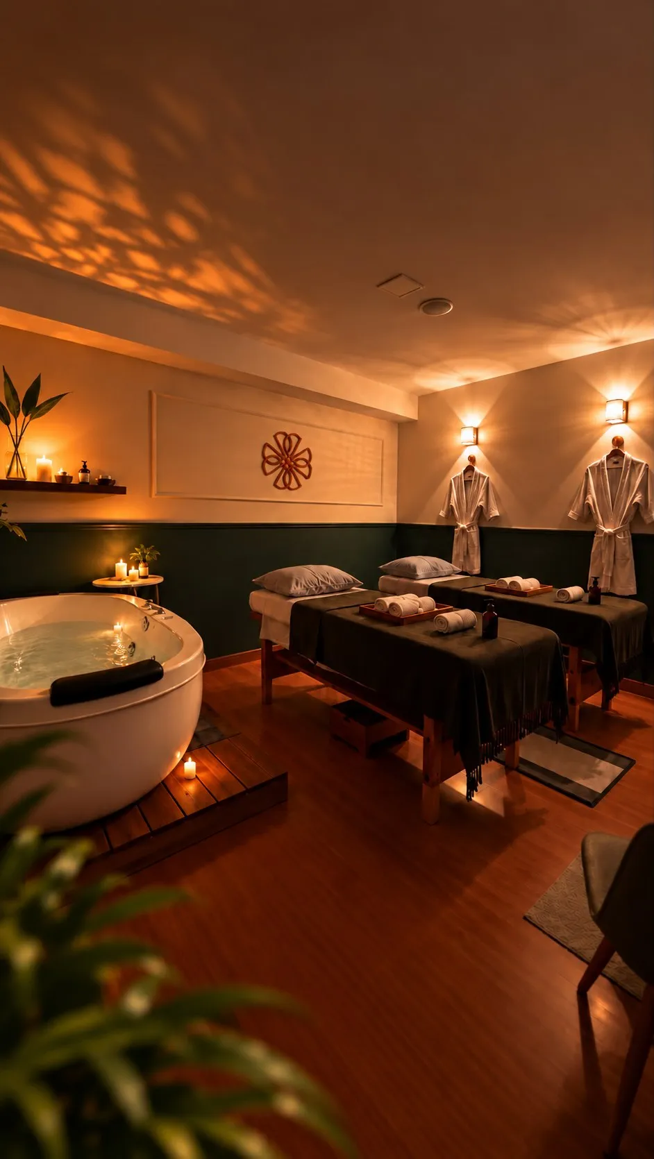 Sala dupla à meia-luz, com banheira de hidromassagem, duas macas e roupões pendurados