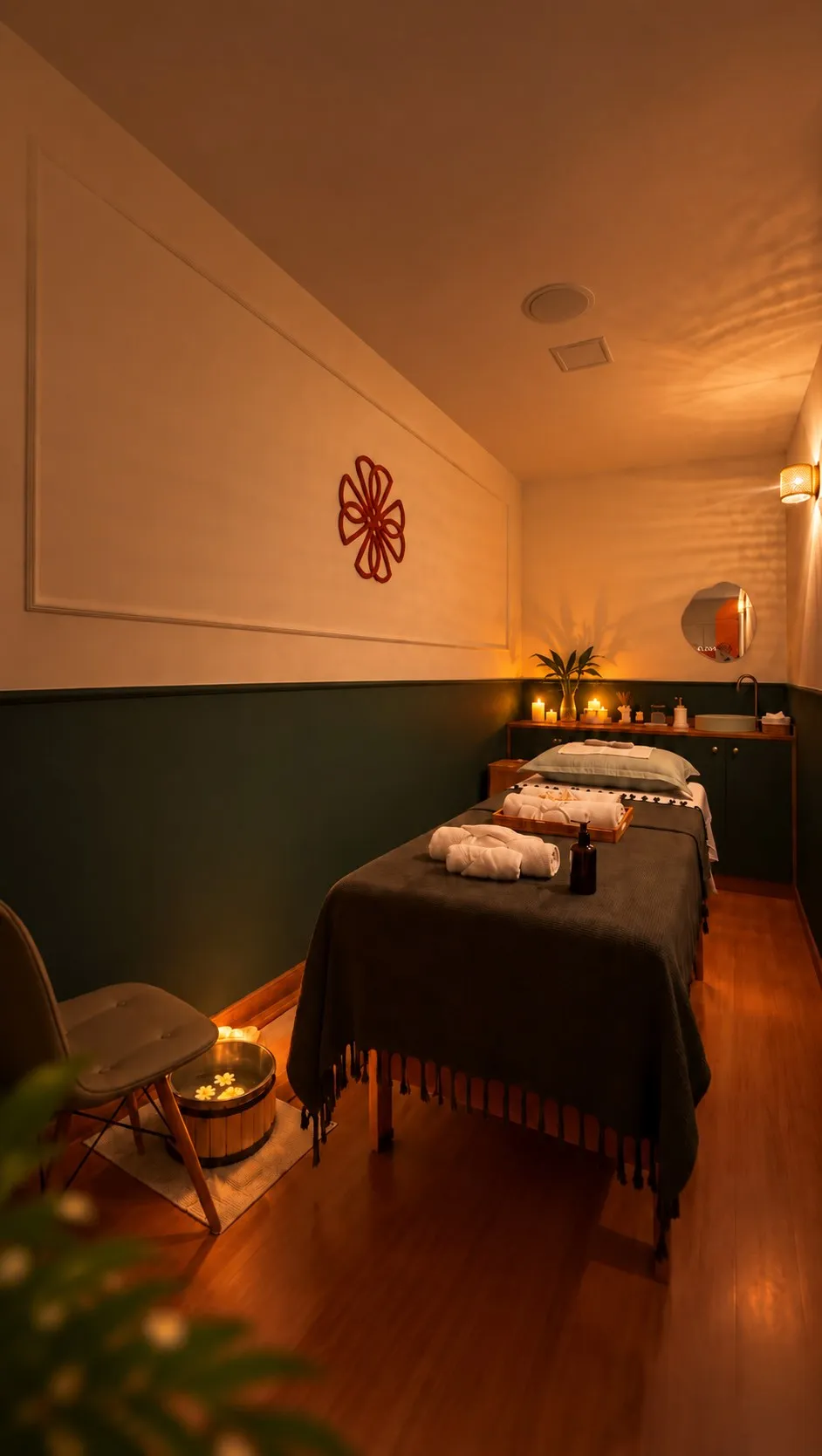 Sala individual à luz de velas, maca preparada e escalda-pés com flores